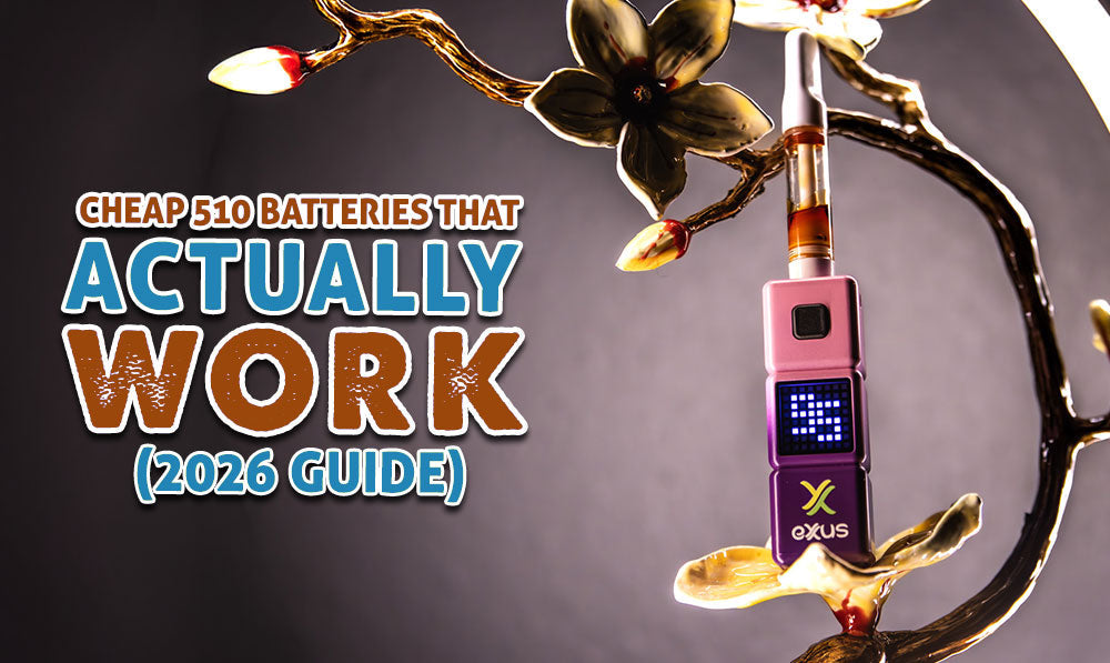 Exxus Stax Battery standing on fake plant in office with text
